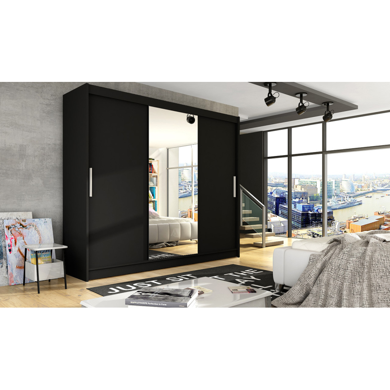 Geräumiger Kleiderschrank mit Spiegel Asta – Breite 250 cm, schwarz