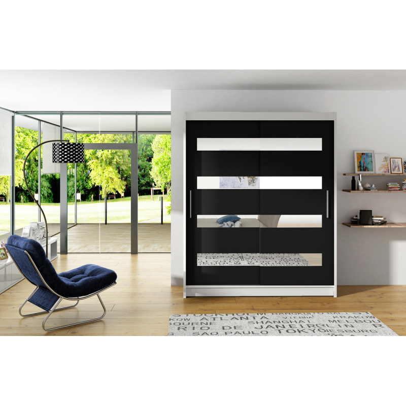 Geräumiger Kleiderschrank mit Spiegel Doris – Breite 150 cm, weiß/schwarz