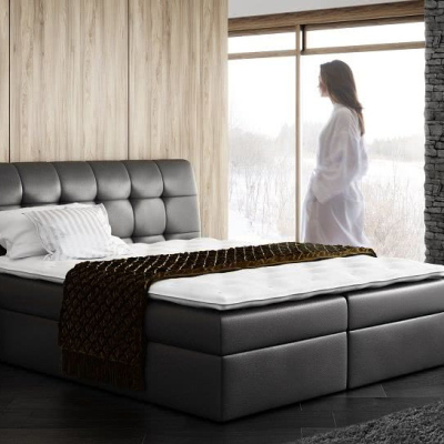 Boxspring gepolstertes Bett SARA schwarzes Öko-Leder 160 + gratis Topper