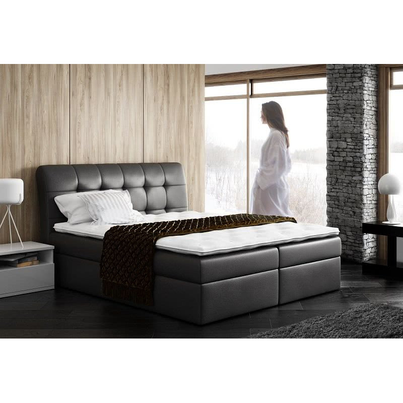 Boxspring gepolstertes Bett SARA schwarzes Öko-Leder 160 + gratis Topper