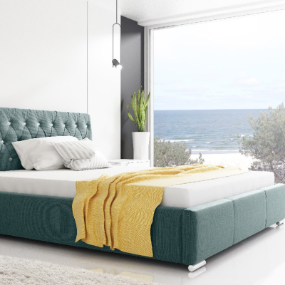 Designbett Adelaide mit hohem Kopfteil und Stauraum Blau 160 x 200