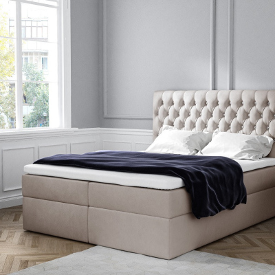 Elegantes Polsterbett mit Aufbewahrung Mandy hellbeige 200 x 200 + Gratis-Topper