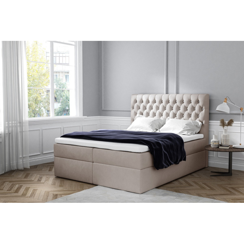 Elegantes Polsterbett mit Aufbewahrung Mandy hellbeige 200 x 200 + Gratis-Topper