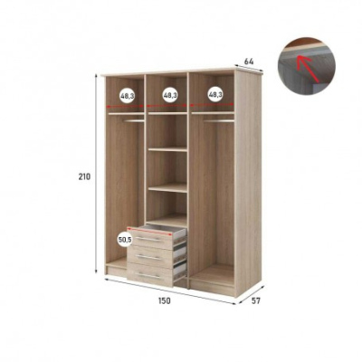 Dreitüriger Kleiderschrank mit Spiegel Skylynn 150 cm, Eiche Sonoma