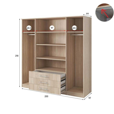 Viertüriger Kleiderschrank mit Spiegel Skylynn 200 cm, Eiche Sonoma