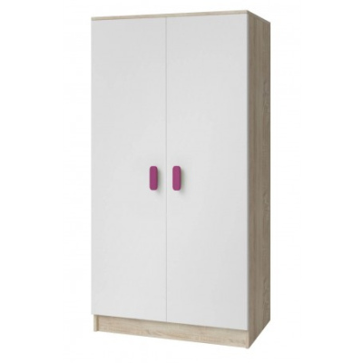 Zweitüriger Kleiderschrank für Kinderzimmer SVEN 3, weiß + Sonoma-Eiche, Griffe – Breite 80 cm, rosa