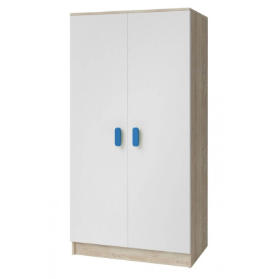 Zweitüriger Kleiderschrank für Kinderzimmer SVEN 3, weiß + Sonoma-Eiche, Griffe – Breite 80 cm, blau