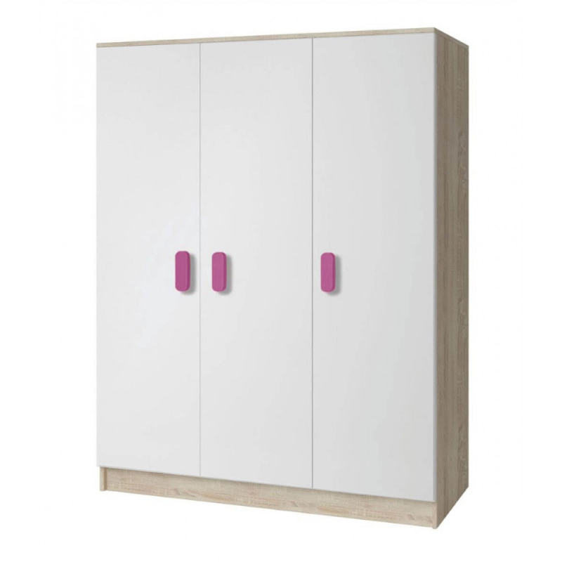 Dreitüriger Kleiderschrank für Kinderzimmer SVEN 3, weiß + Eiche Sonoma, Griffe – Breite 120 cm, rosa