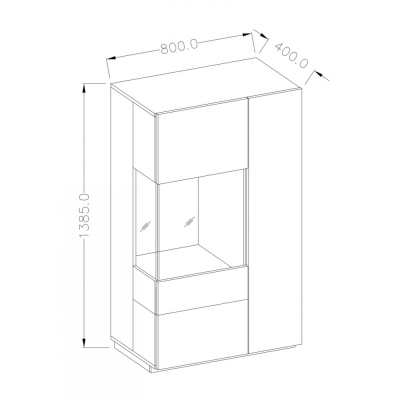 Hohe Kommode mit verglastem Teil SHADI links, weiß + Beton